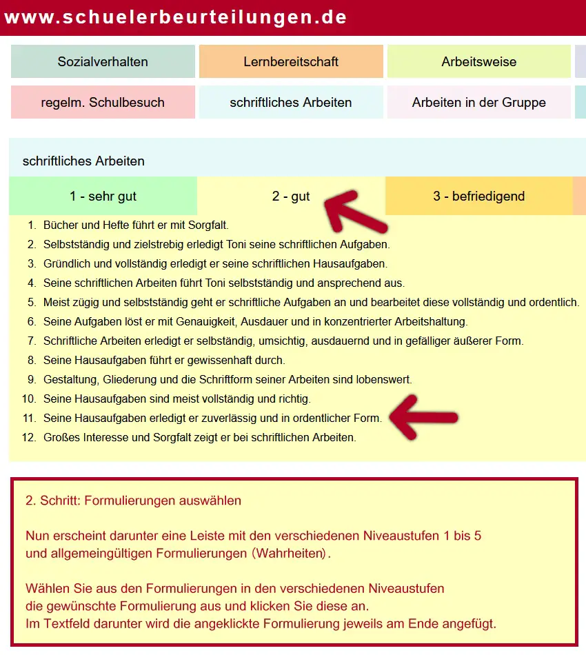 Niveaustufen und Formulierungen auswählen